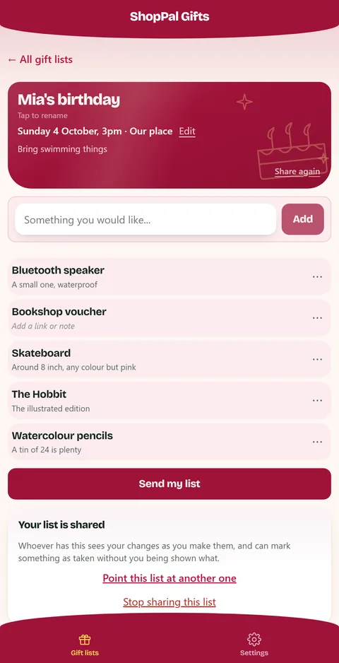 One birthday list open: the date and place at the top, then five ideas, most with a note saying which one to buy — a skateboard around eight inch, a small waterproof speaker, the illustrated Hobbit.
