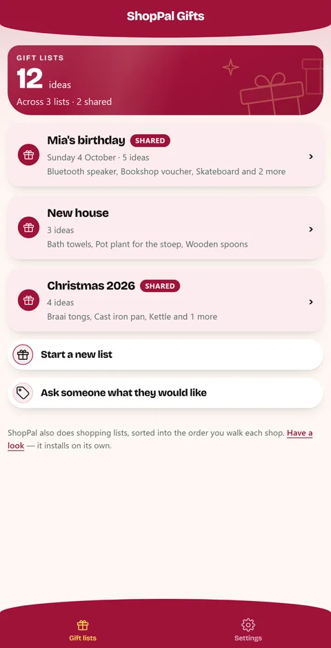 Three gift lists on one screen — a birthday, Christmas and a new house — twelve ideas between them, two of the lists already shared.