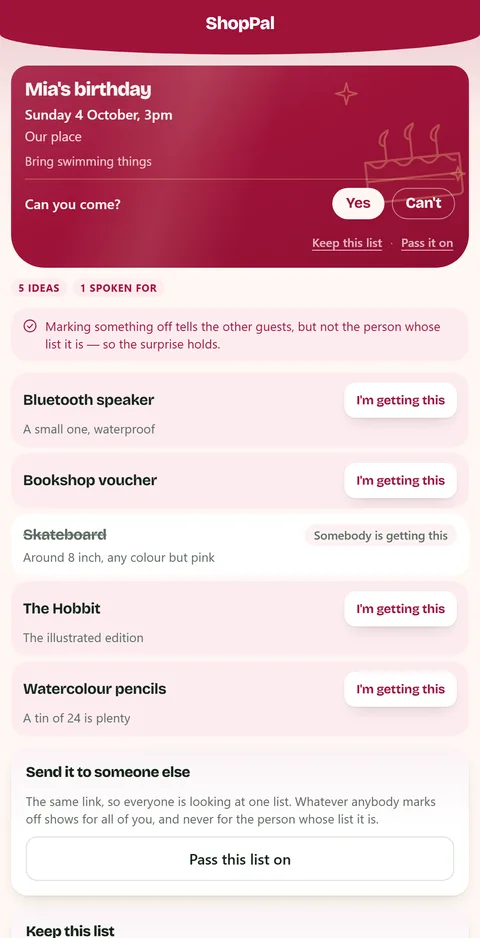The same list as a guest sees it through the link: one of five ideas struck through and labelled somebody is getting this, with a line explaining that the person whose list it is will not be shown.