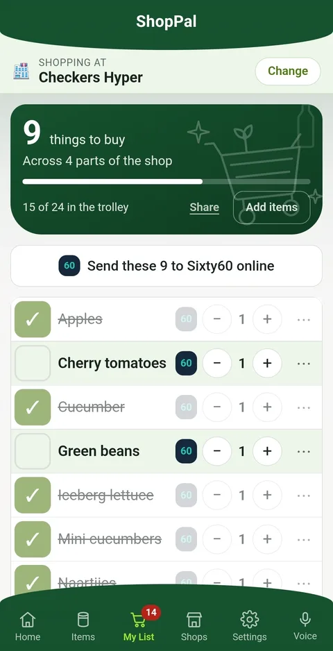 A shopping list of nine things at Checkers Hyper, grouped by part of the shop, several already ticked off, above a button offering to send the rest to Sixty60.