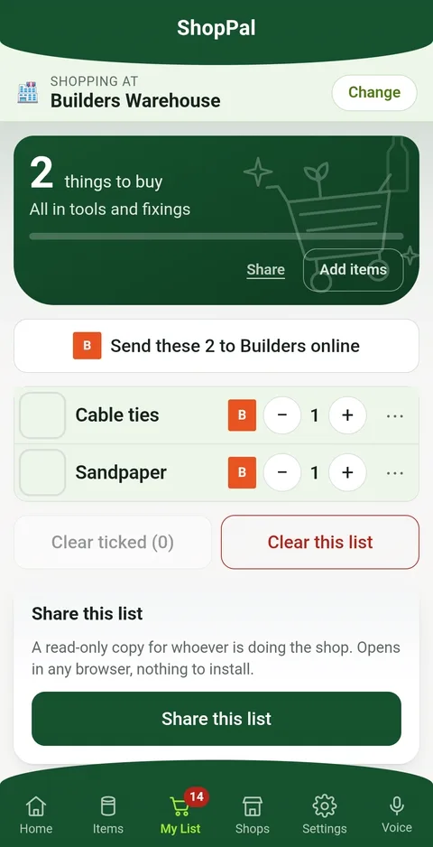 A Builders Warehouse list holding cable ties and sandpaper, filed under tools and fixings.